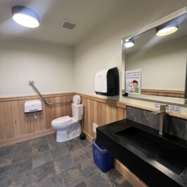 Modern washroom with black sink, white toilet, white walls, and wooden wall panels Vancouver Japanese Language School & Japanese Hall