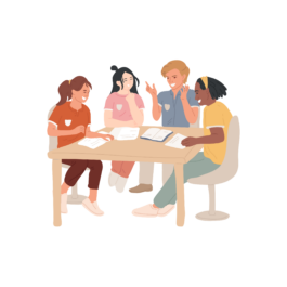 Illustration of four students studying together at a table Vancouver Japanese Language School & Japanese Hall